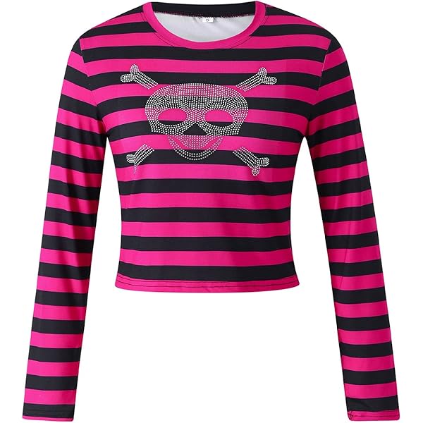 HzDazrl Women Goth Punk Long Sleeve Crop Top Striped Cutout